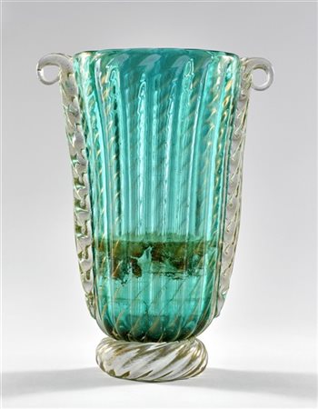 Pino Signoretto Vaso costolato a morise in vetro cristallo e verde acqua con inc