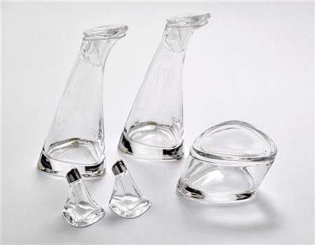 Angelo Mangiarotti Ménagère per olio, aceto, sale e pepe con vassoietto in crist