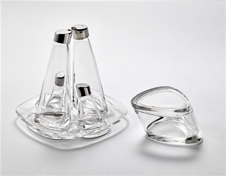 Angelo Mangiarotti Ménagère per olio, aceto, sale e pepe con vassoietto in crist