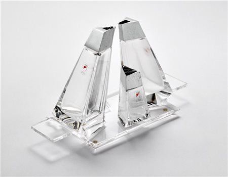 Angelo Mangiarotti Ménagère per olio, aceto, sale/pepe con vassoietto in cristal