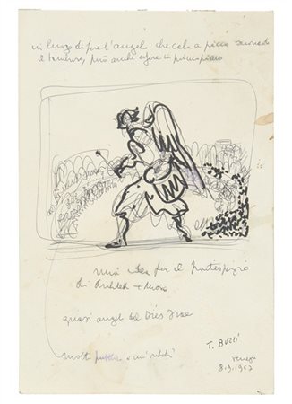 Tomaso Buzzi Disegno raffigurante angelo con tamburo. Venezia, 1967. Penna e pen