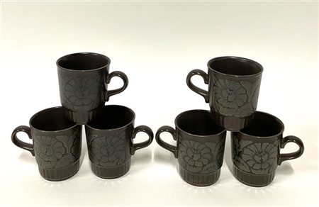 Royal Alma Lotto di sei tazze in ceramica smaltata marrone con decori floreali d