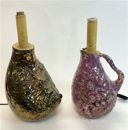 I.C.A. Due vasi montati a lampada in ceramica smaltata uno in verde e oro a lust