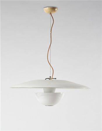 * Lampada a sospensione in vetro incamiciato lattimo con bordo incolore ad inca