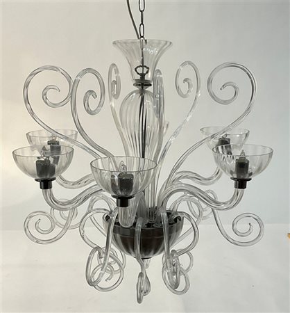 Leucos Lampadario a sei bracci e riccioli in vetro soffiato cristallo. Murano, a