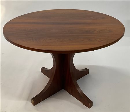 Tavolo in legno impiallacciato con piano ampliabile circolare. Italia, anni '80
