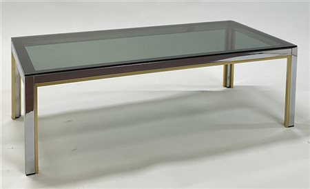 Tavolo da caffè in metallo cromato e ottonato con piano rettangolare in cristal