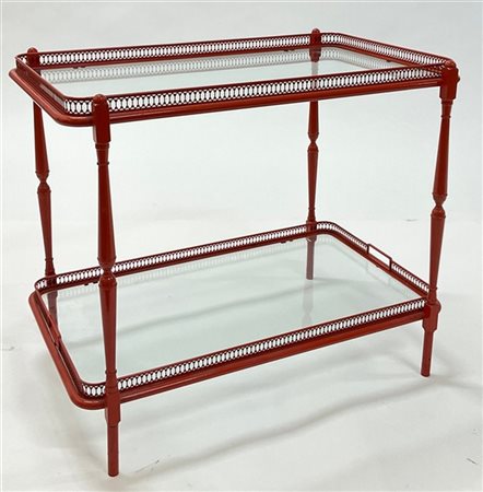 Carrellino a due ripiani in vetro con struttura in metallo laccato rosso con ri