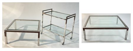 Lotto composto da due tavoli da caffè in metallo cromato e ottone con piano in