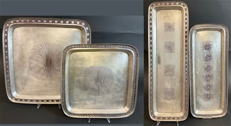 Gallinaro Lotto di quattro diversi vassoi in alluminio martellato e inciso a man