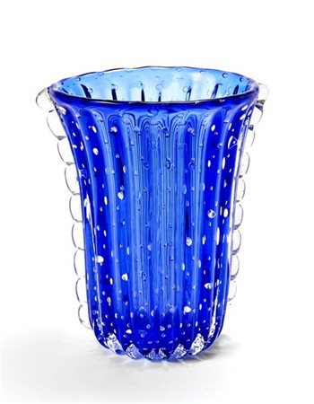 Barovier e Toso Vaso in vetro soffiato sommerso cristallo e blu trasparente, cor