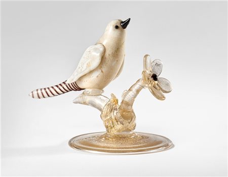 Ercole Barovier Scultura raffigurante uccellino su ramo in vetro soffiato crista