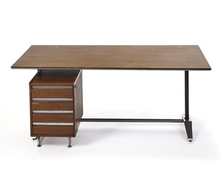 Alberto Rosselli Scrivania con piano impiallacciato in legno, struttura in accia