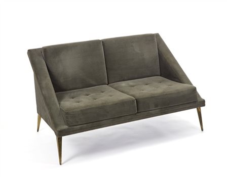 Divano a due posti. Italia, anni '70. Rivestimento in velluto grigio-verde. Gam