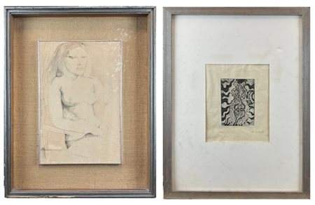 Lotto composto da un disegno a matita su carta raffigurante nudo femminile di f