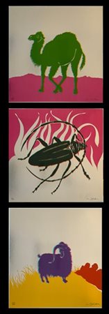 Gino Marotta "Muflone - Dromedario - Scarabeo" 1974
tre serigrafie su cartoncino