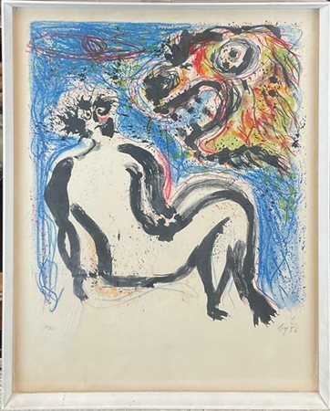 Enrico Baj "Uomo assalito dal mostro" 1956
litografia a colori
cm 49x38,5
firmat
