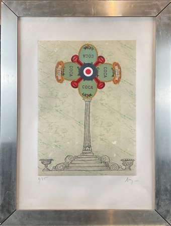 Enrico Baj "Tokai" 1973
acquaforte e collage
(lastra cm 49x35; foglio cm 69x48,5