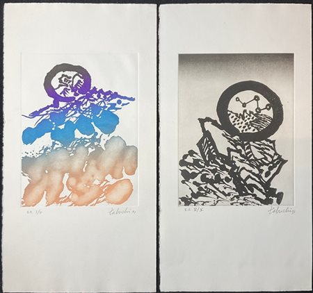 Yasse Tabuchi Due acquetinte a colori
fogli cm 50x26,5
firmate, datate 91 e nume