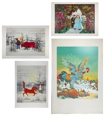 Lotto composto da quattro litografie a colori di pittori Naif, di soggetti e mi