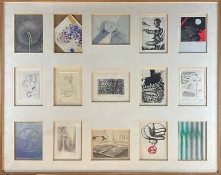 Quindici piccole acqueforti montate in un unica cornice di autori e soggetti di