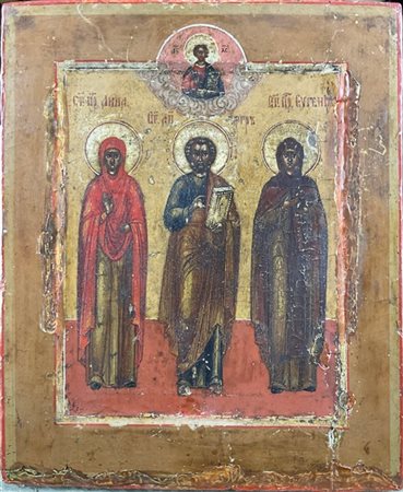 Arte russa, secolo XIX. Icona a tempera su tavola raffigurante da sinistra Sant