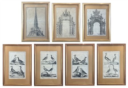 Lotto composto da sette incisioni, di cui tre di soggetto architettonico (corni