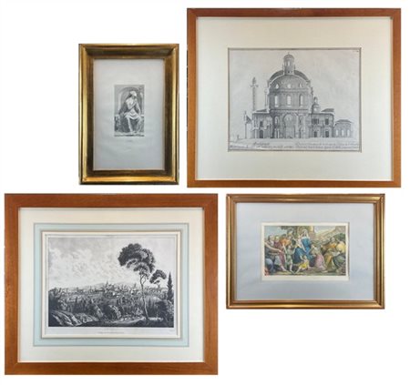 Lotto composto da quattro incisioni e riproduzioni a soggetto e misure diverse,
