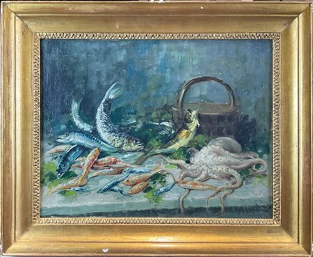 Giuseppe Alberto Cocco "Composizione con pesci" 
olio su tela (cm 35x45)
firmato