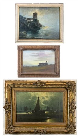 Lotto composto da tre dipinti ad olio su diversi supporti raffiguranti "Vedute