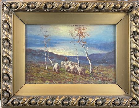 Achille Tominetti "Il gregge" 
olio su tavola (cm 18x26,5)
firmato in basso a de