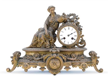 Pendola con cassa in metallo dorato a soggetto allegorico, quadrante in smalto