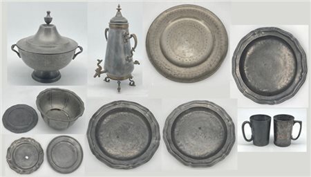 Lotto di diversi oggetti in peltro, secolo XVIII-XIX. Composto da tre bacili (d