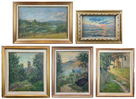 Enrico Ravetta Lotto composto da cinque "Paesaggi" ad olio su diversi supporti (