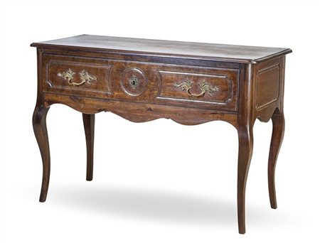 Tavolo da parete in noce con fronte a un cassetto decorato da scanalature, grem