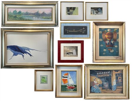 Cartone contenente otto quadri di autori e tecniche differenti, una tecnica mis