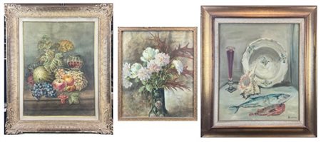 Lotto composto da due dipinti ad olio e un acquerello raffiguranti "Composizion