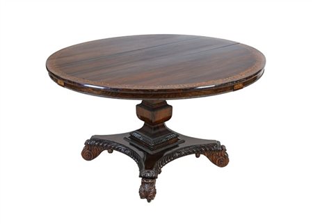 Tavolo lastronato in mogano con piano circolare a vela lastronato in palissandr