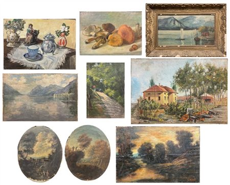 Cartone contenente numerosi dipinti di soggetti, tecniche e misure differenti