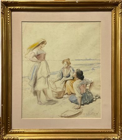 Eugenio De Blaas "Lavandaie a Venezia" 
acquerello su carta (cm 50x40)
firmato i