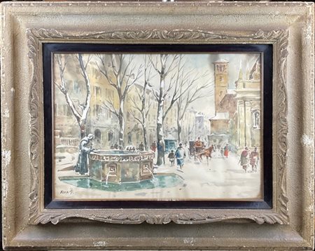 Giovanni Riva "San Francesco sotto la neve, Via Moscova" Milano
acquerello su ca