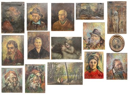 Cartone contenente numerosi dipinti di soggetti, tecniche e misure differenti