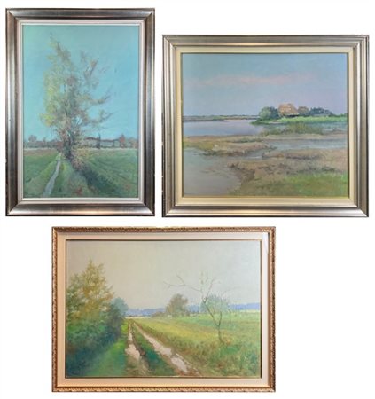 Federico Boriani Tre dipinti raffiguranti "Paesaggi" oli su diversi supporti (cm