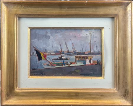 Silvio Consadori "Il porto" Rotterdam, 1963
olio su cartone (cm 18x27)
firmato i