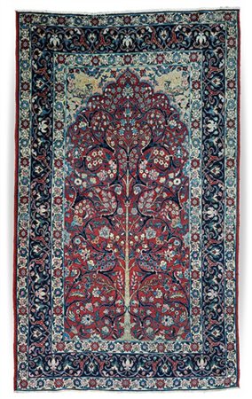 Tappeto preghiera Sarouk, Persia, inizio secolo XX. Mirab a fondo rosso decorat