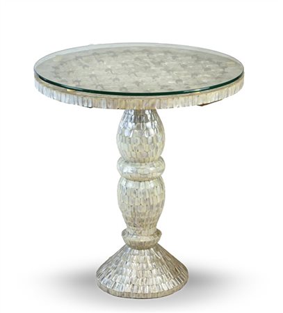 Tavolino con piano circolare e sostegno a balaustro interamente rivestito in pl