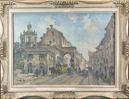 Giovanni Riva "Le colonne di San Lorenzo" 
olio su tela (cm 50x70)
firmato in ba