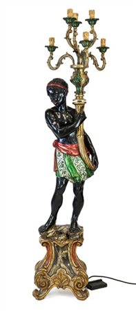 Moretto reggitorcia in legno e pastiglia ebanizzata, dipinto in policromia e do