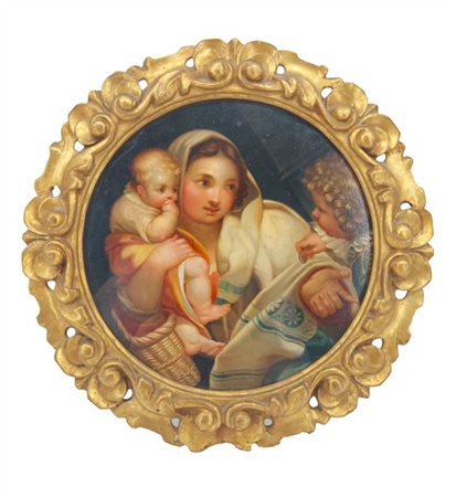 Ignoto del secolo XIX"L'elemosina" olio su cartone pressato (d. cm 20) in cornice dorat