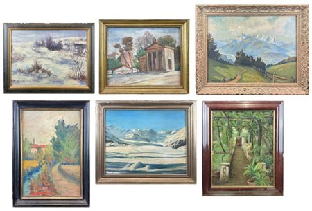 Lotto di sei dipinti ad olio su supporti differenti raffiguranti "Paesaggi", di